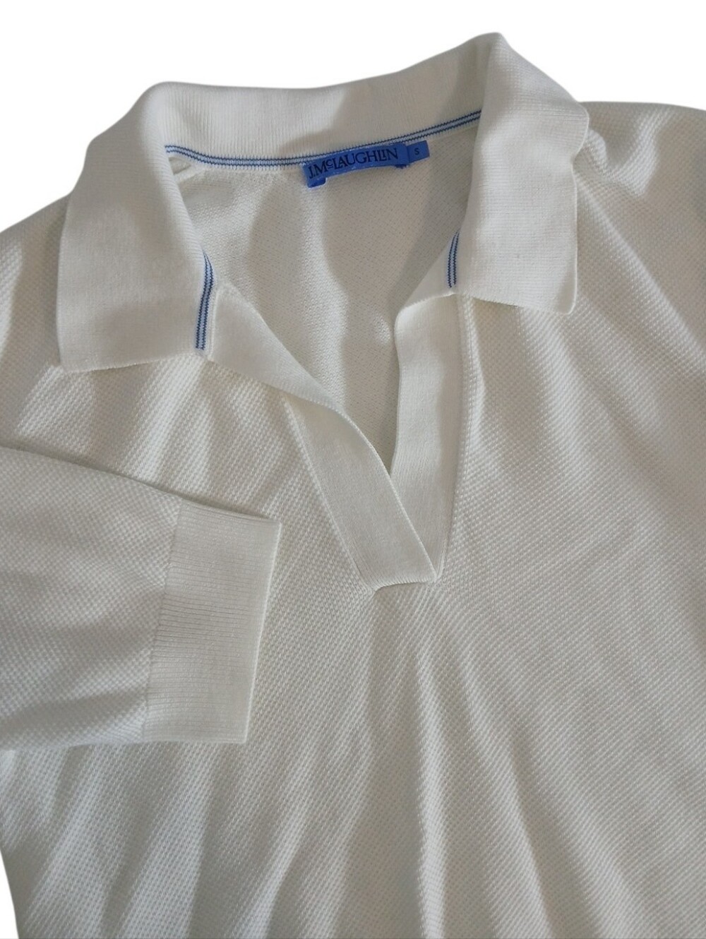 J.McLaughlin White Knit Johnny Collar Classic‎ Textured Blue Piping Polo/Small